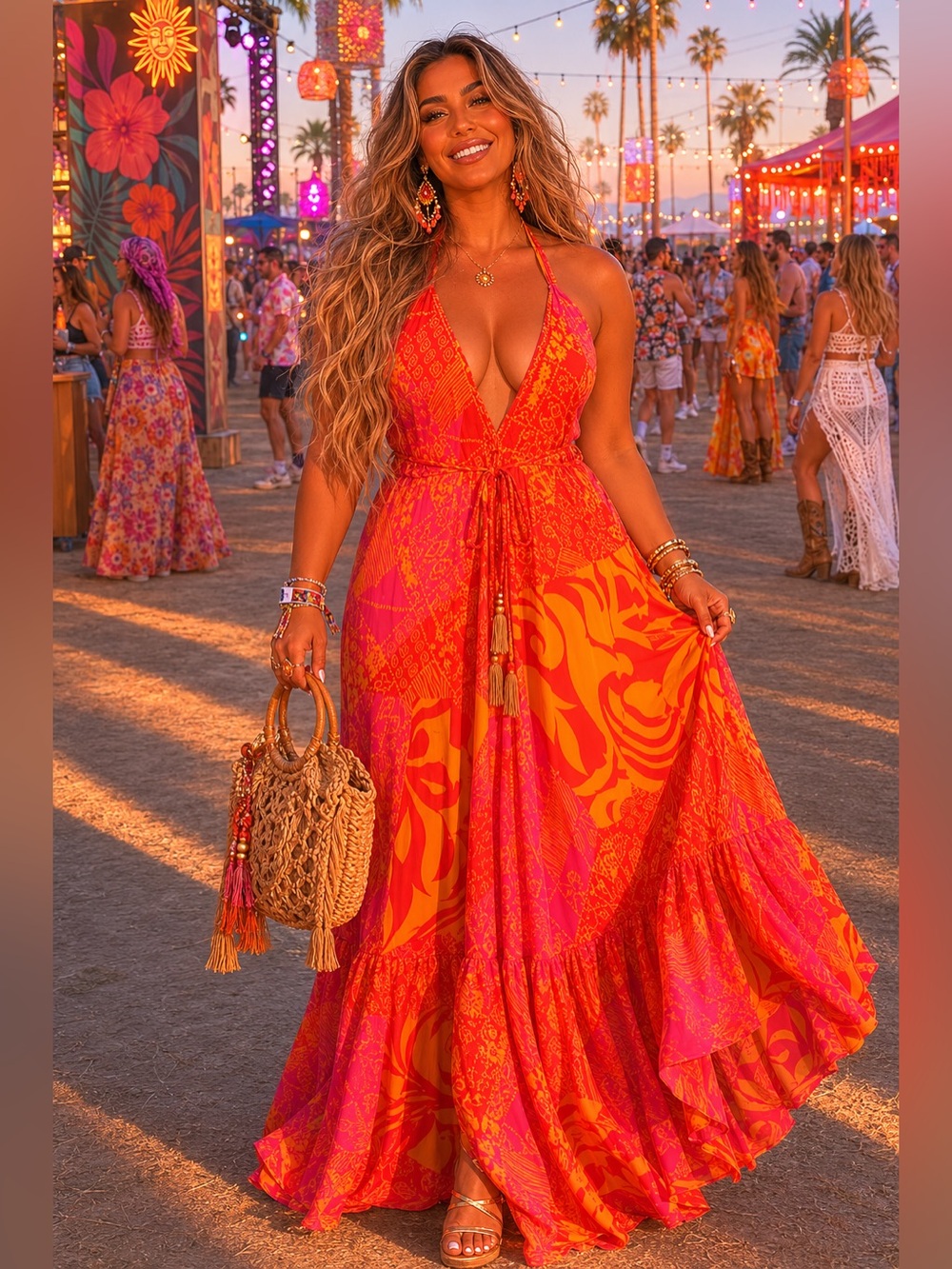 NWOT Pink & Orange Golden Hour Daydream  Silk Halter Maxi Dress
